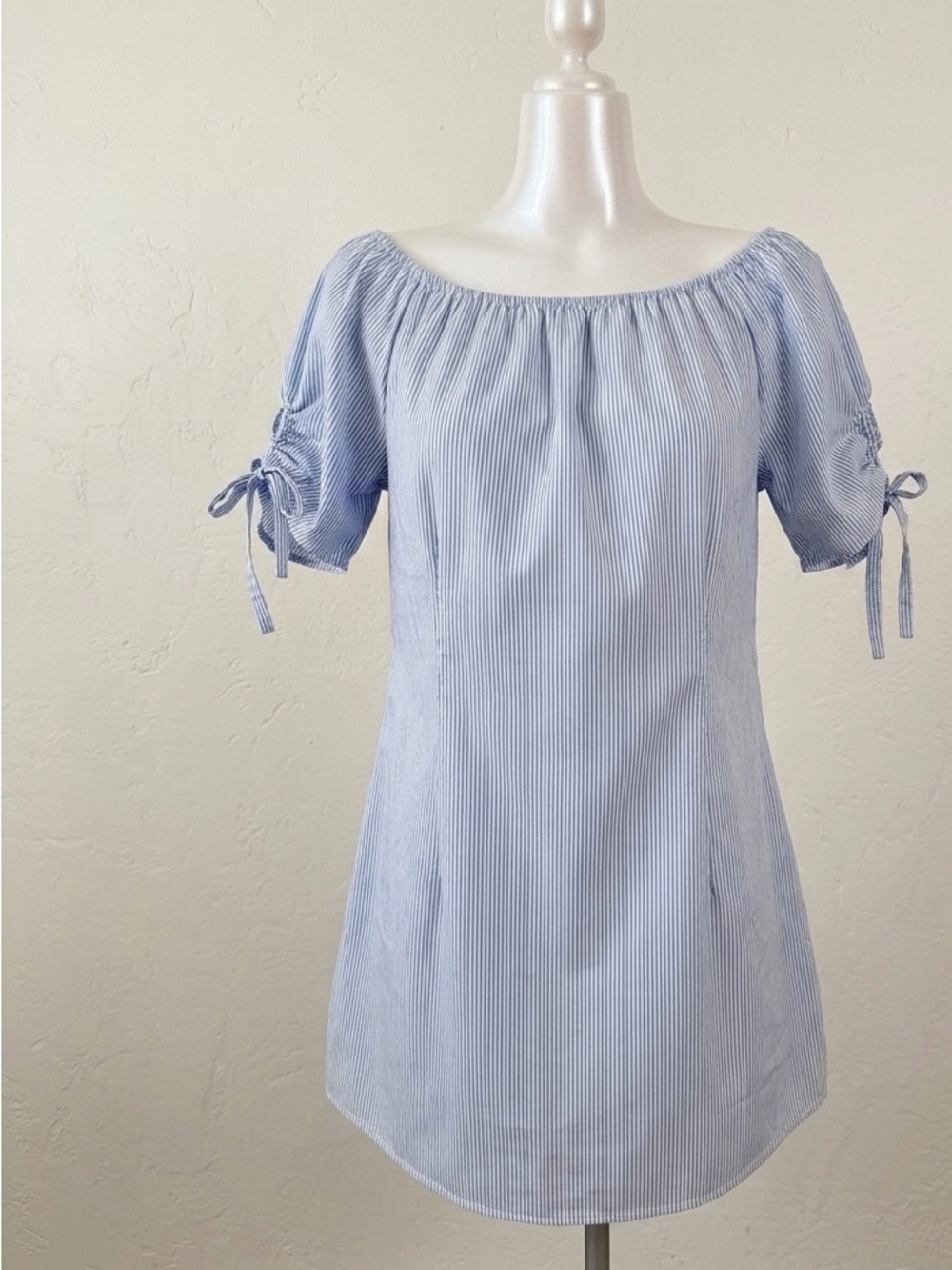 Light Blue Striped Off-Shoulder Tie-Sleeve Top
